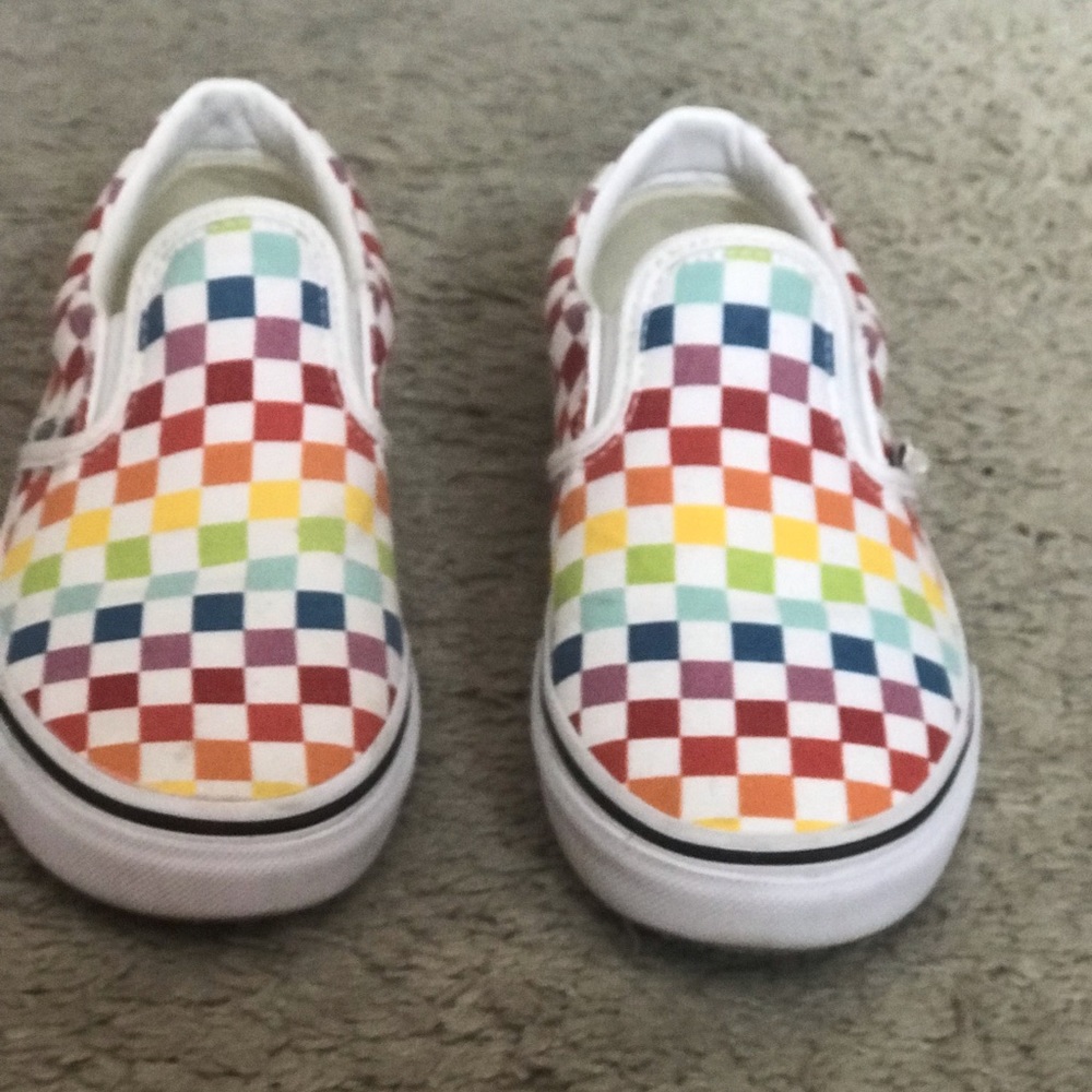 Size 5Y rainbow slip on checkerboard vans